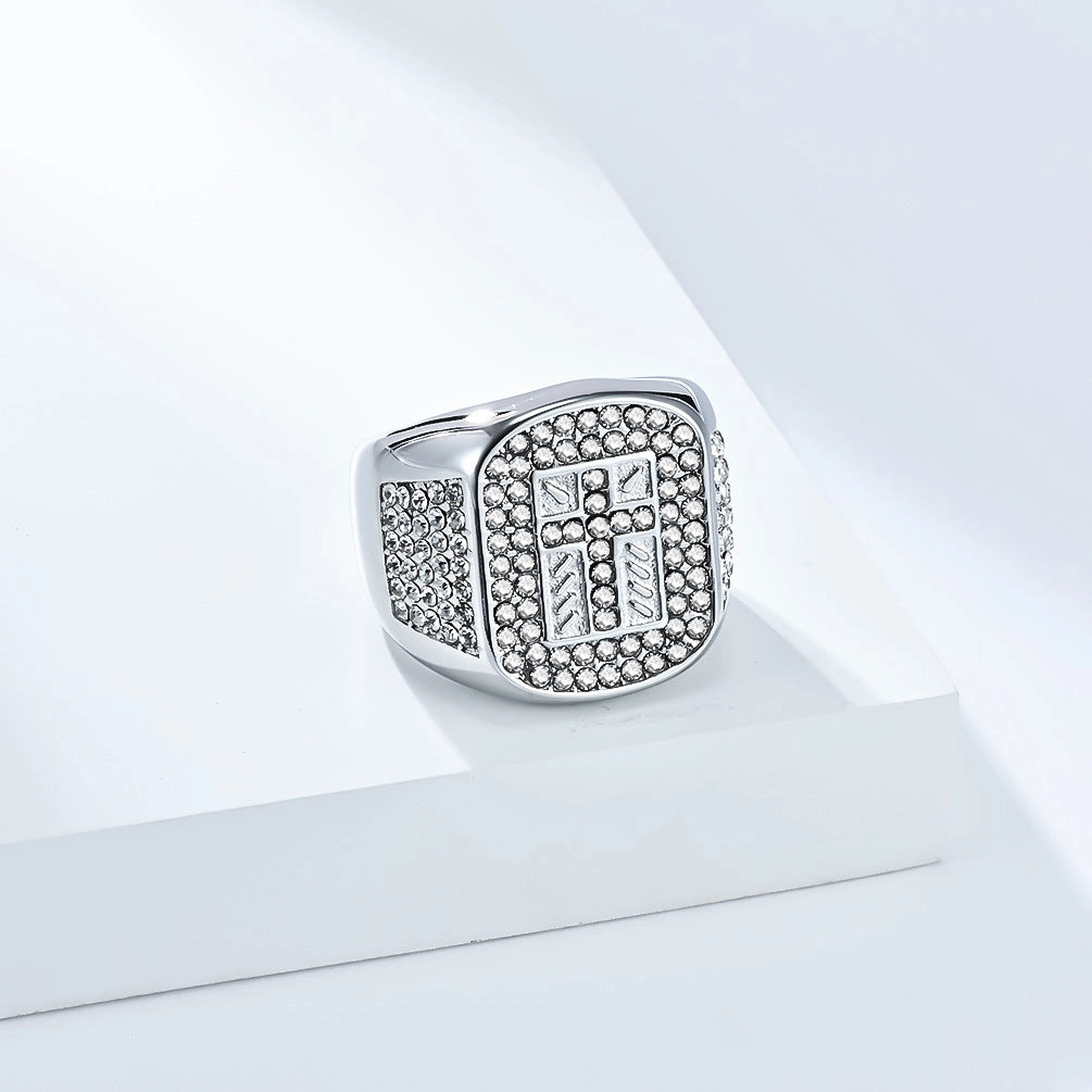 Wholesale Hip-hop titanium steel full diamond cross men's ring
