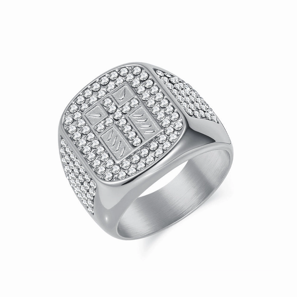 Wholesale Hip-hop titanium steel full diamond cross men's ring