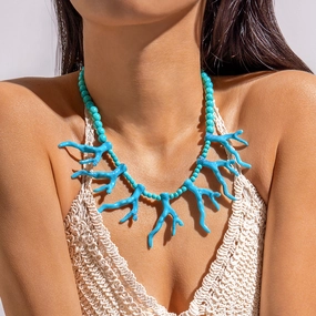 Wholesale Holiday Style Acrylic Coral Shape Bohemian Turquoise Beaded Necklace