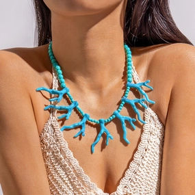 Wholesale Holiday Style Acrylic Coral Shape Bohemian Turquoise Beaded Necklace