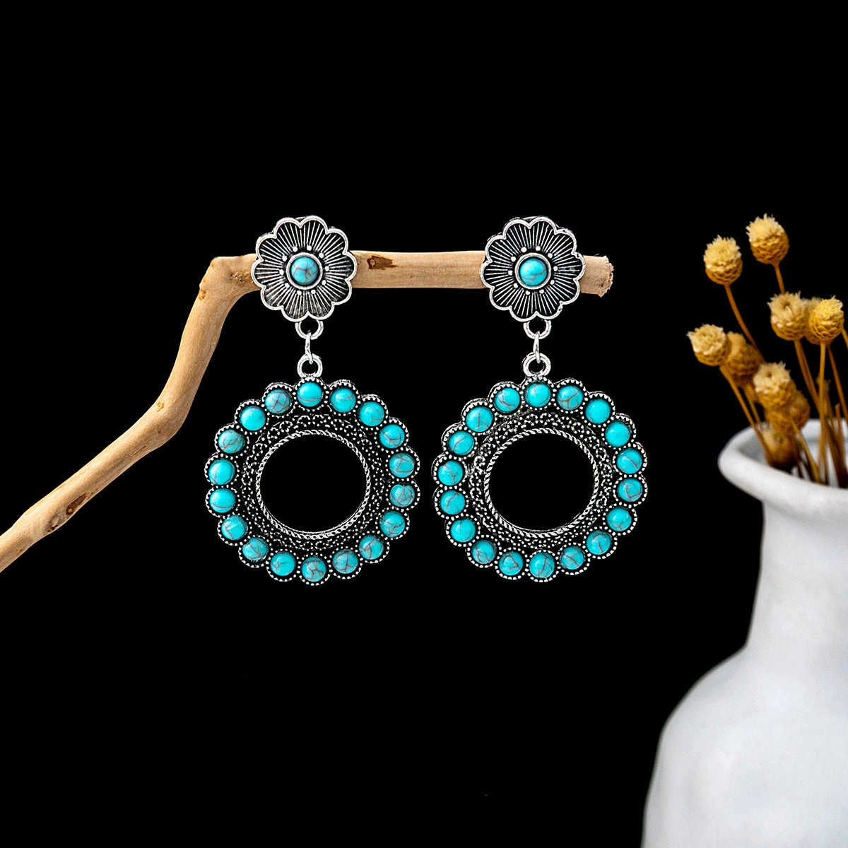 Wholesale Hollow Circular Flower Tassel Alloy Earrings