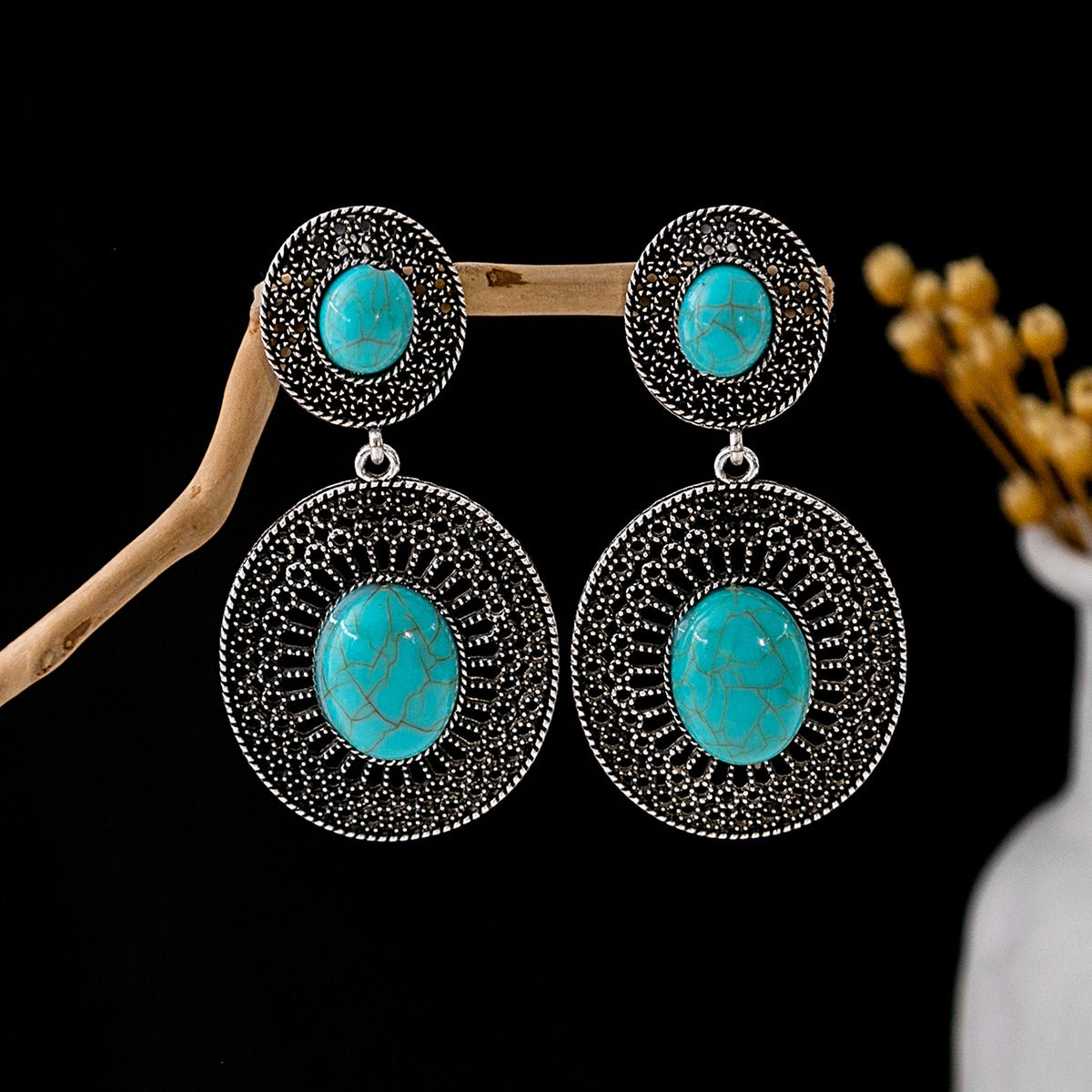 Wholesale Hollow Circular Flower Tassel Alloy Earrings