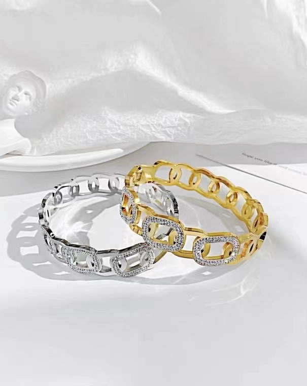 Wholesale Hollow Zircon Titanium Steel Plated 18K Gold Open Bracelet