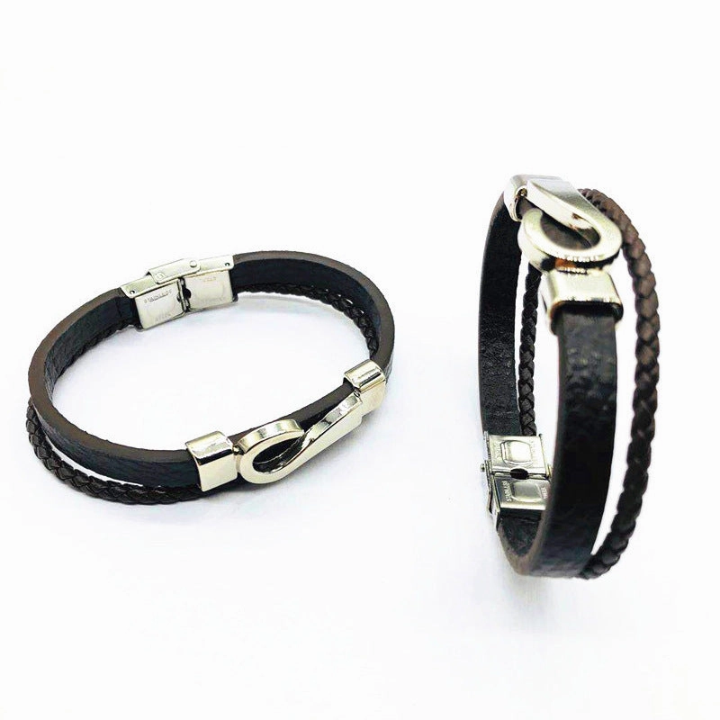 Wholesale Hook Type Stainless Steel Genuine Leather Woven Bracelets