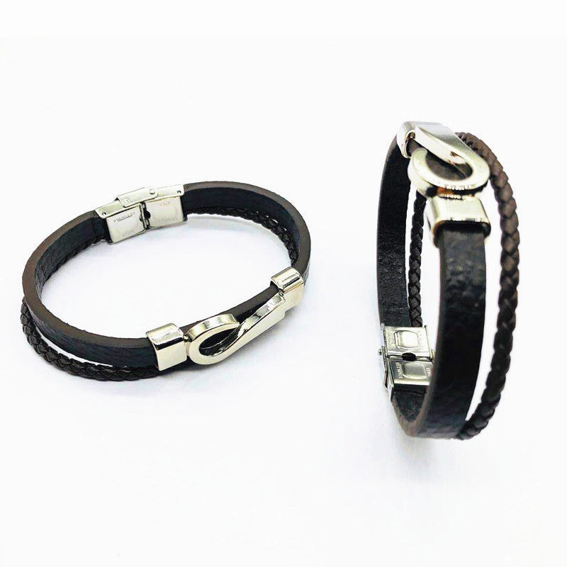 Wholesale Hook Type Stainless Steel Genuine Leather Woven Bracelets
