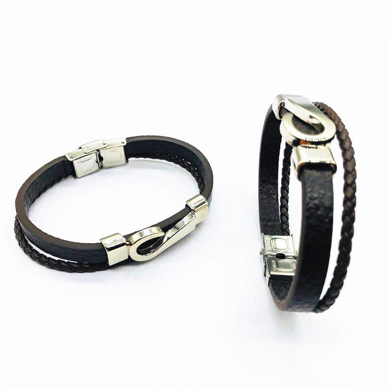 Wholesale Hook Type Stainless Steel Genuine Leather Woven Bracelets