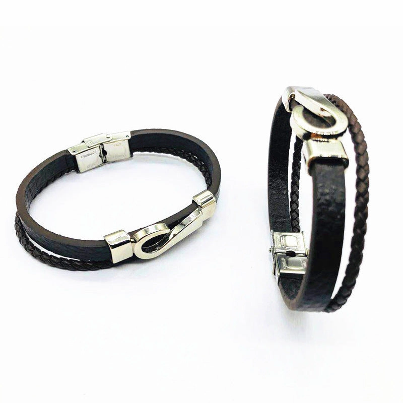 Wholesale Hook Type Stainless Steel Genuine Leather Woven Bracelets