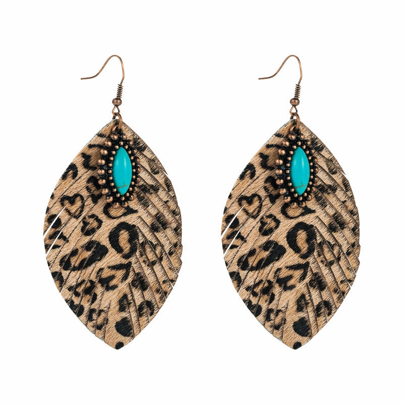 Wholesale Horsehair Genuine Leather Leaf Tassel Vintage Turquoise Leopard Earrings