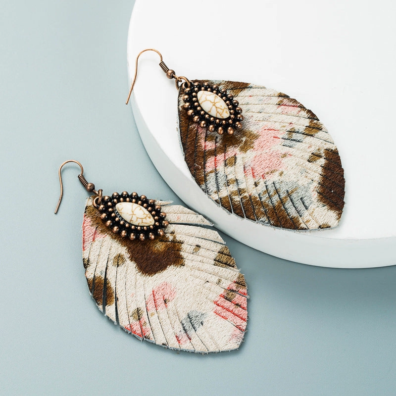 Wholesale Horsehair Genuine Leather Leaf Tassel Vintage Turquoise Leopard Earrings