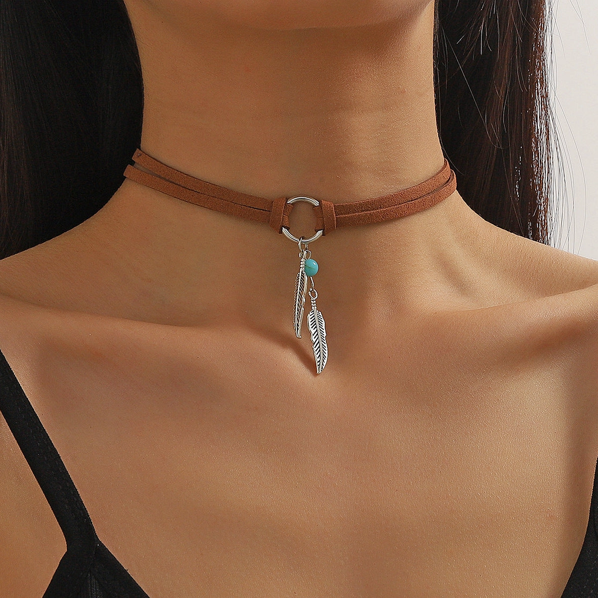 Wholesale Hot Selling Accessories Bohemian Turquoise Brown Leather Long Vintage Necklace