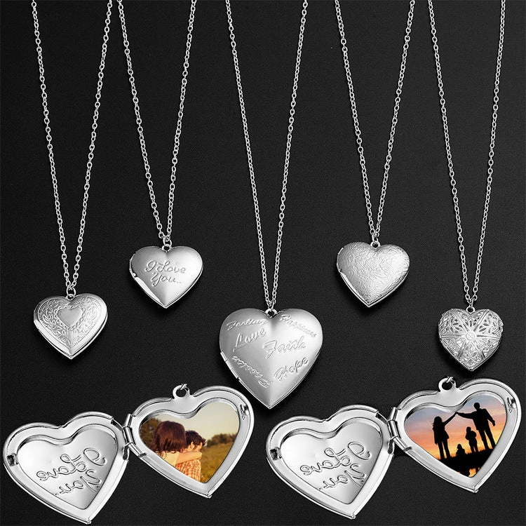 Wholesale Hot Selling Ilov Carved Heart Can Be Opened Photo Frame Photo Box Pendant Necklace