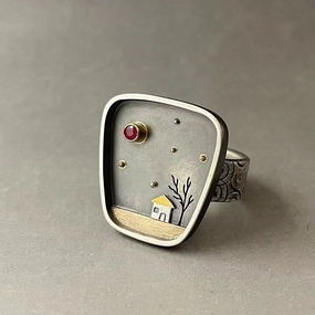 Wholesale House Tree Inlaid Rhinestones Geometric Graffiti Carved Vintage Ring