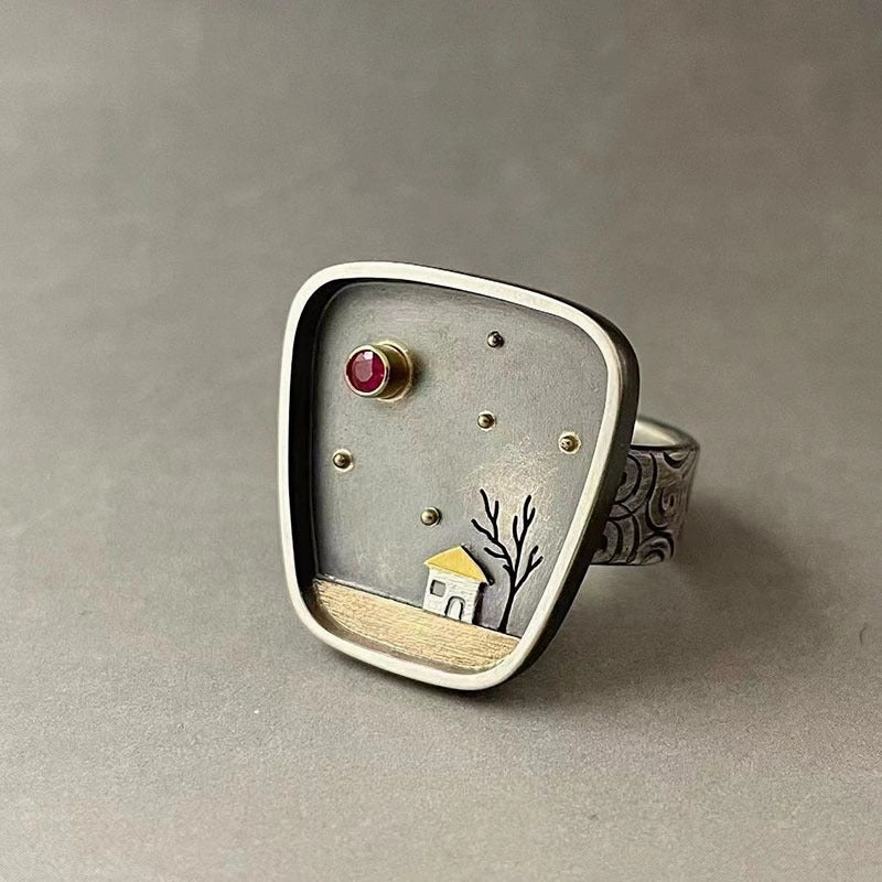 Wholesale House Tree Inlaid Rhinestones Geometric Graffiti Carved Vintage Ring
