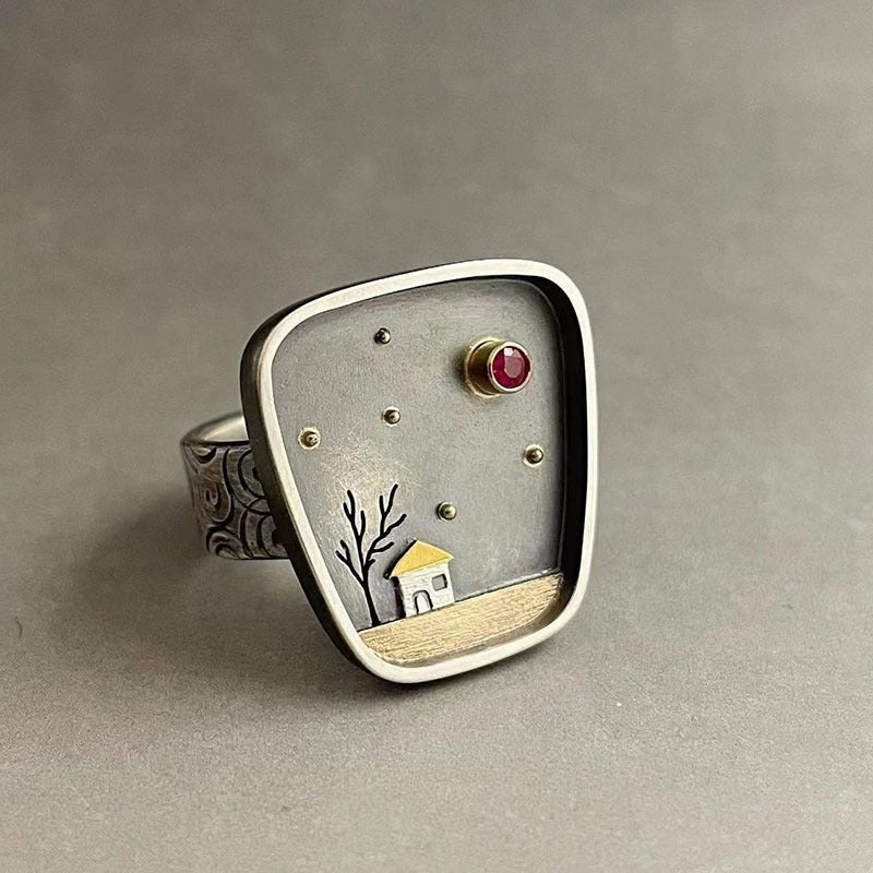 Wholesale House Tree Inlaid Rhinestones Geometric Graffiti Carved Vintage Ring