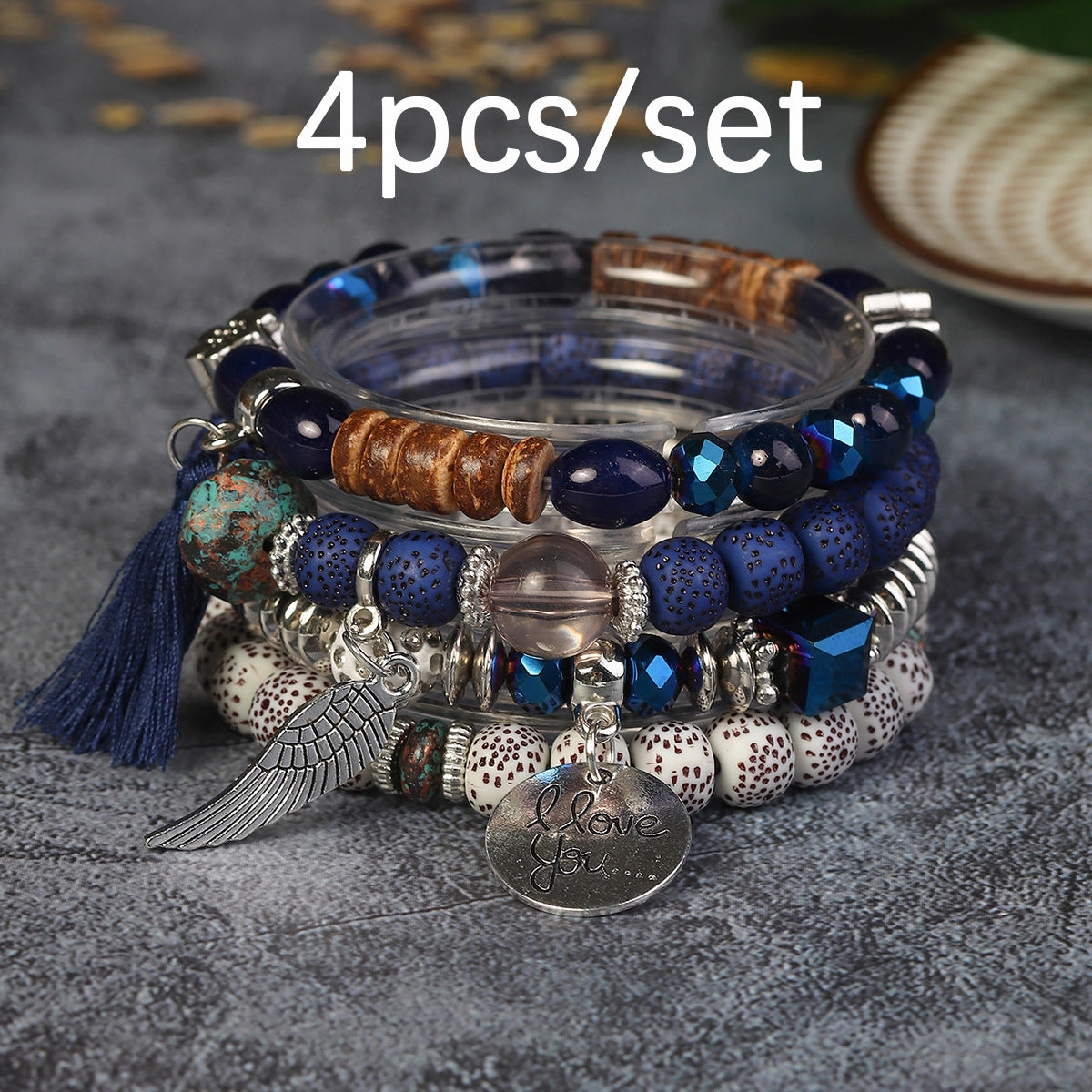 Wholesale I Love You Wings Tassel Glass Elastic Bracelet