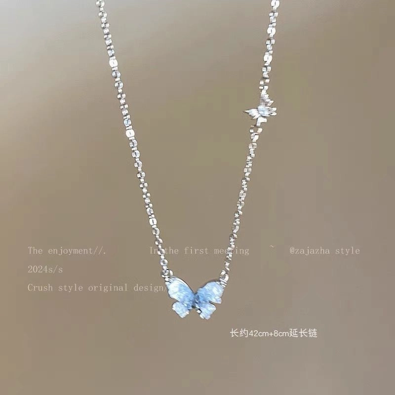 Wholesale Ice Crystal Gradient Pearl Butterfly Tassel Necklace Clavicle Chain