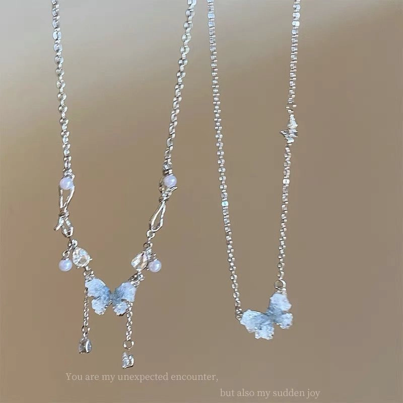 Wholesale Ice Crystal Gradient Pearl Butterfly Tassel Necklace Clavicle Chain