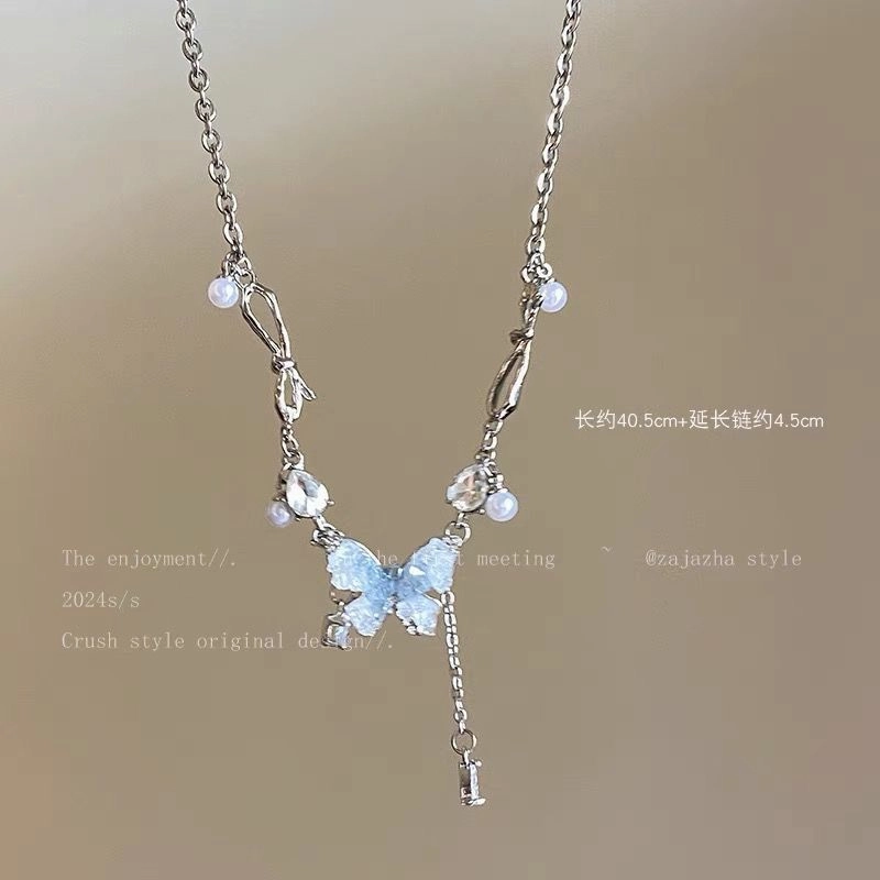 Wholesale Ice Crystal Gradient Pearl Butterfly Tassel Necklace Clavicle Chain