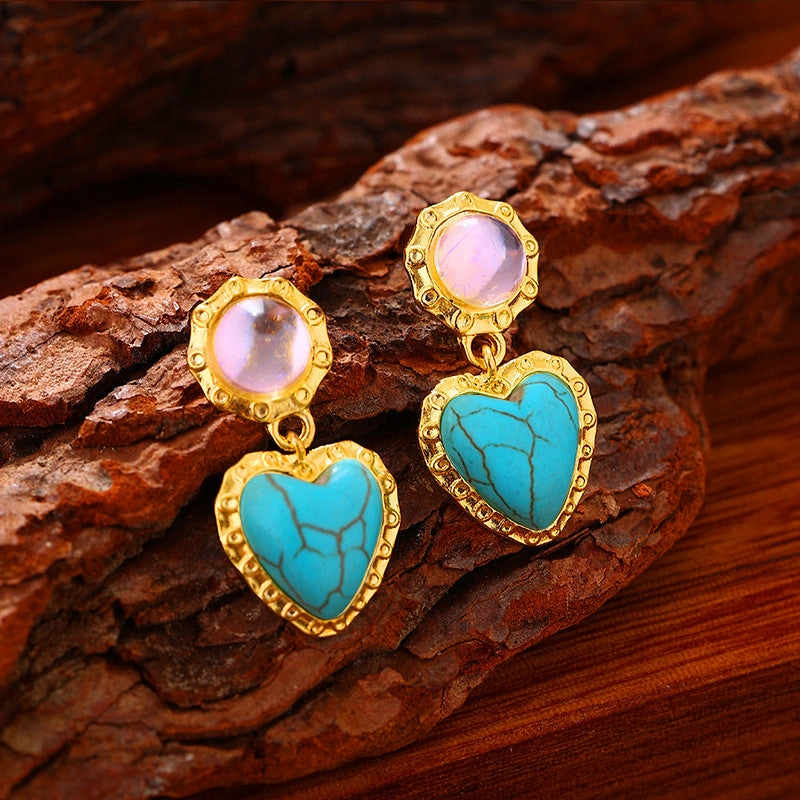Wholesale Imitation Turquoise Peach Heart Alloy Earrings