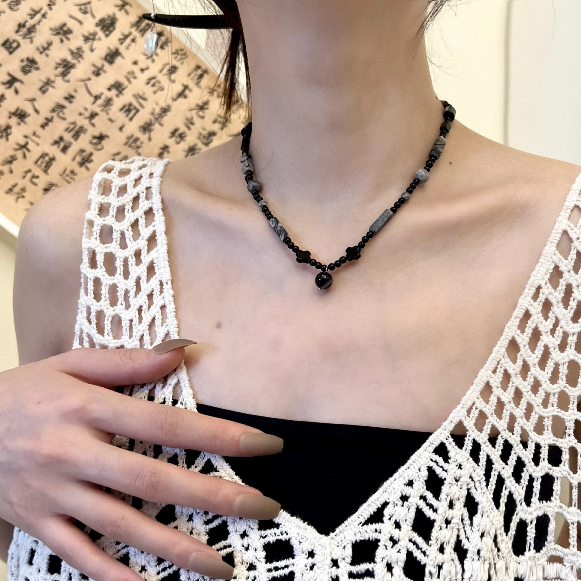 Wholesale Ink Style Beaded Agate Necklace