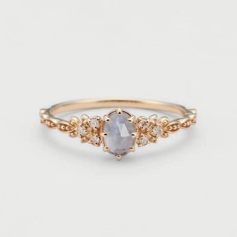 Wholesale Inlaid with natural iolite and labradorite hollow ring, happy olive leaf purple diamond and zircon ring