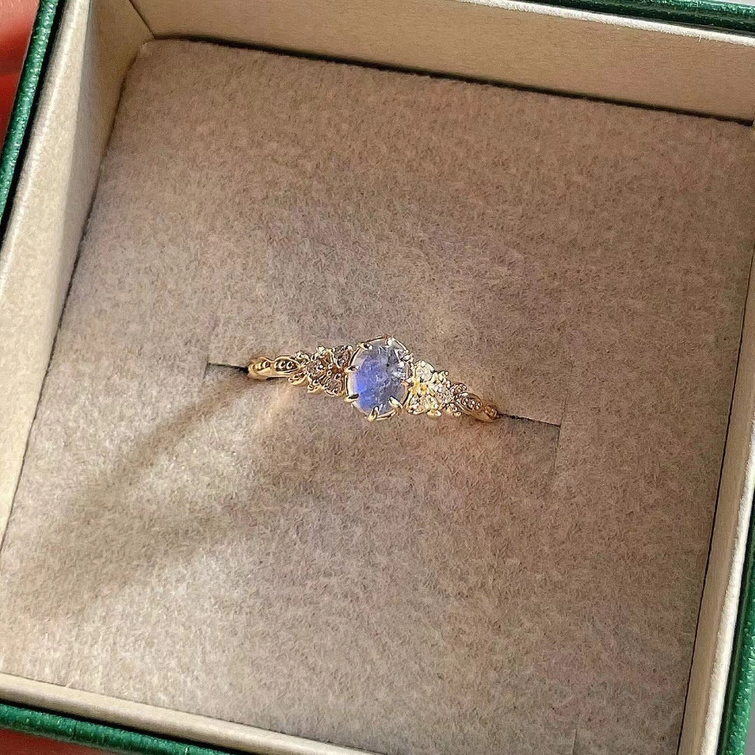 Wholesale Inlaid with natural iolite and labradorite hollow ring, happy olive leaf purple diamond and zircon ring