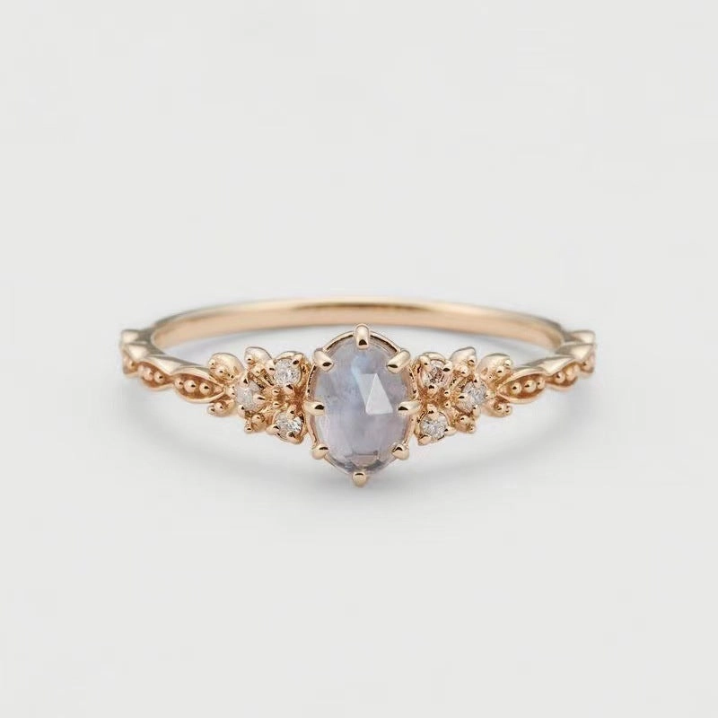Wholesale Inlaid with natural iolite and labradorite hollow ring, happy olive leaf purple diamond and zircon ring