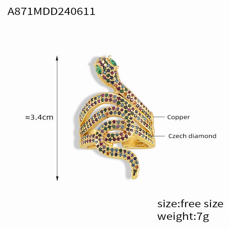 Wholesale Ins Internet Celebrity Explosive Copper Gold Plated Zircon Snake Ring Women's European and American Fashion Light Luxury All-match Cross-border Supply