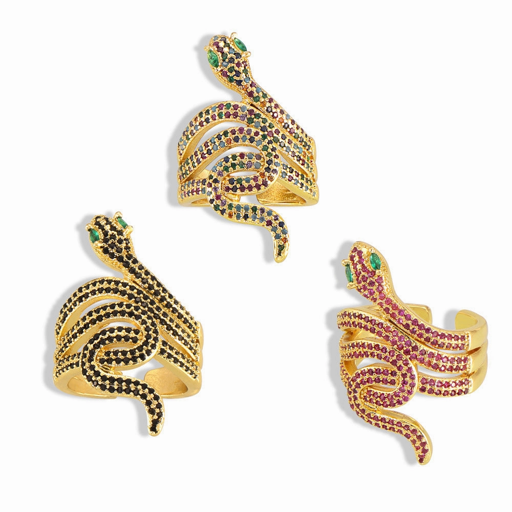 Wholesale Ins Internet Celebrity Explosive Copper Gold Plated Zircon Snake Ring Women's European and American Fashion Light Luxury All-match Cross-border Supply