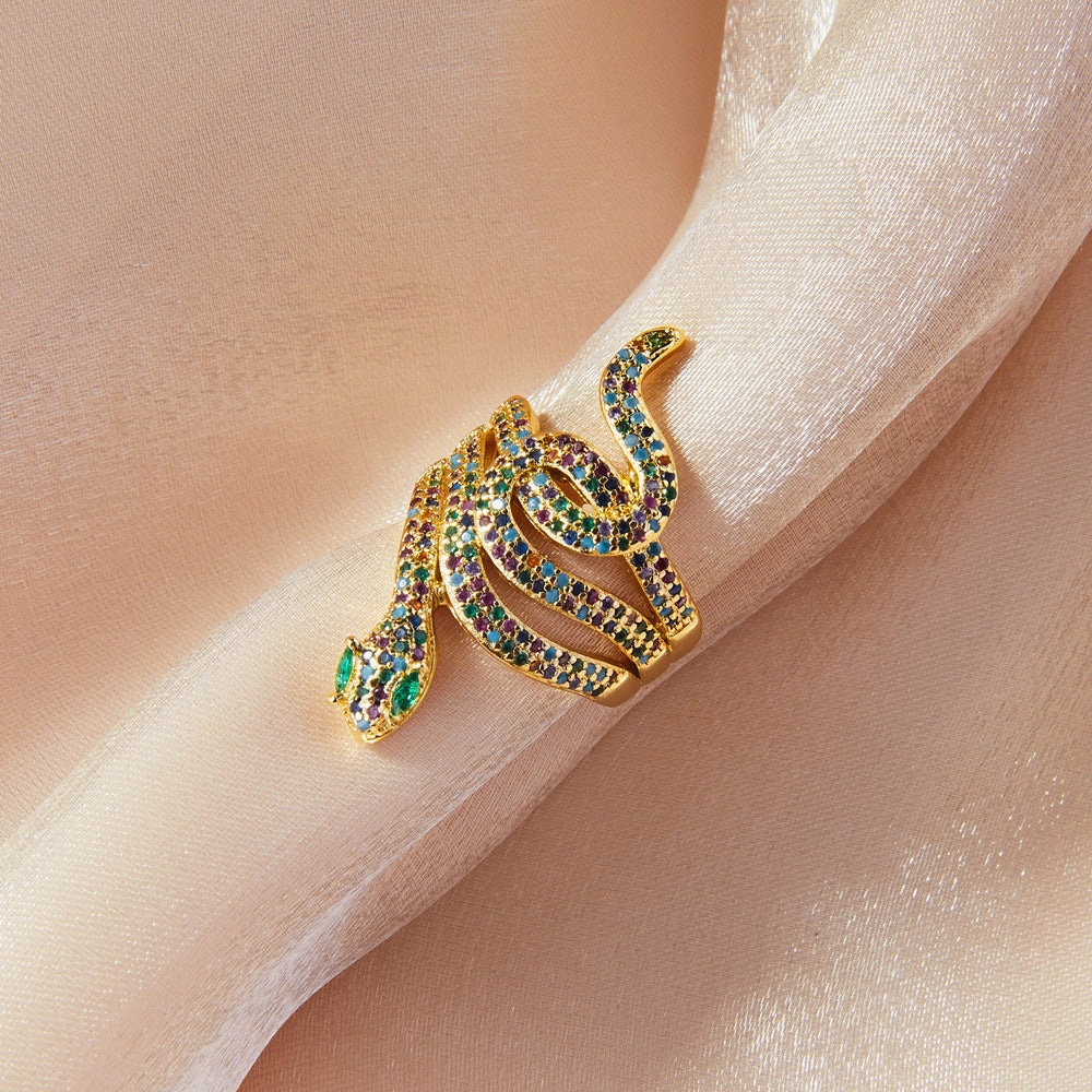 Wholesale Ins Internet Celebrity Explosive Copper Gold Plated Zircon Snake Ring Women's European and American Fashion Light Luxury All-match Cross-border Supply