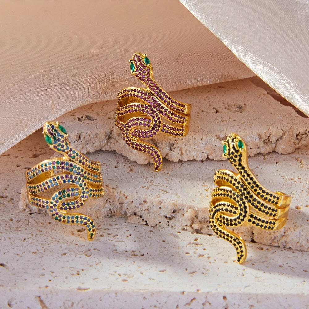 Wholesale Ins Internet Celebrity Explosive Copper Gold Plated Zircon Snake Ring Women's European and American Fashion Light Luxury All-match Cross-border Supply