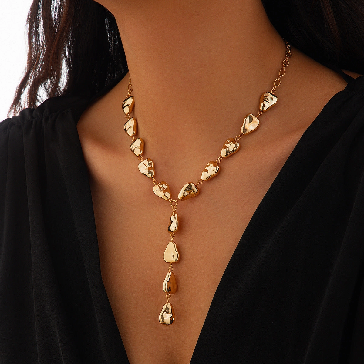 Wholesale Jewelry Irregular Baroque Y-shaped Clavicle Chain Cold Wind Flat Water Drop Pendant Necklace