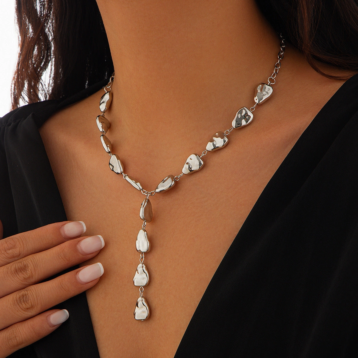 Wholesale Jewelry Irregular Baroque Y-shaped Clavicle Chain Cold Wind Flat Water Drop Pendant Necklace