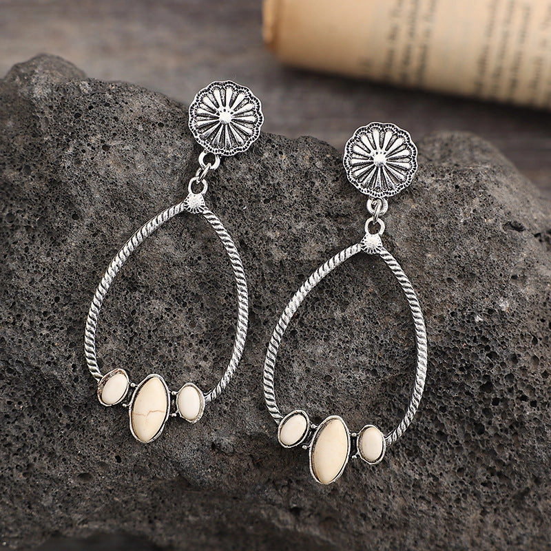 Wholesale Large Circle Teardrop Turquoise Hollow Daisy Exaggerated Earrings