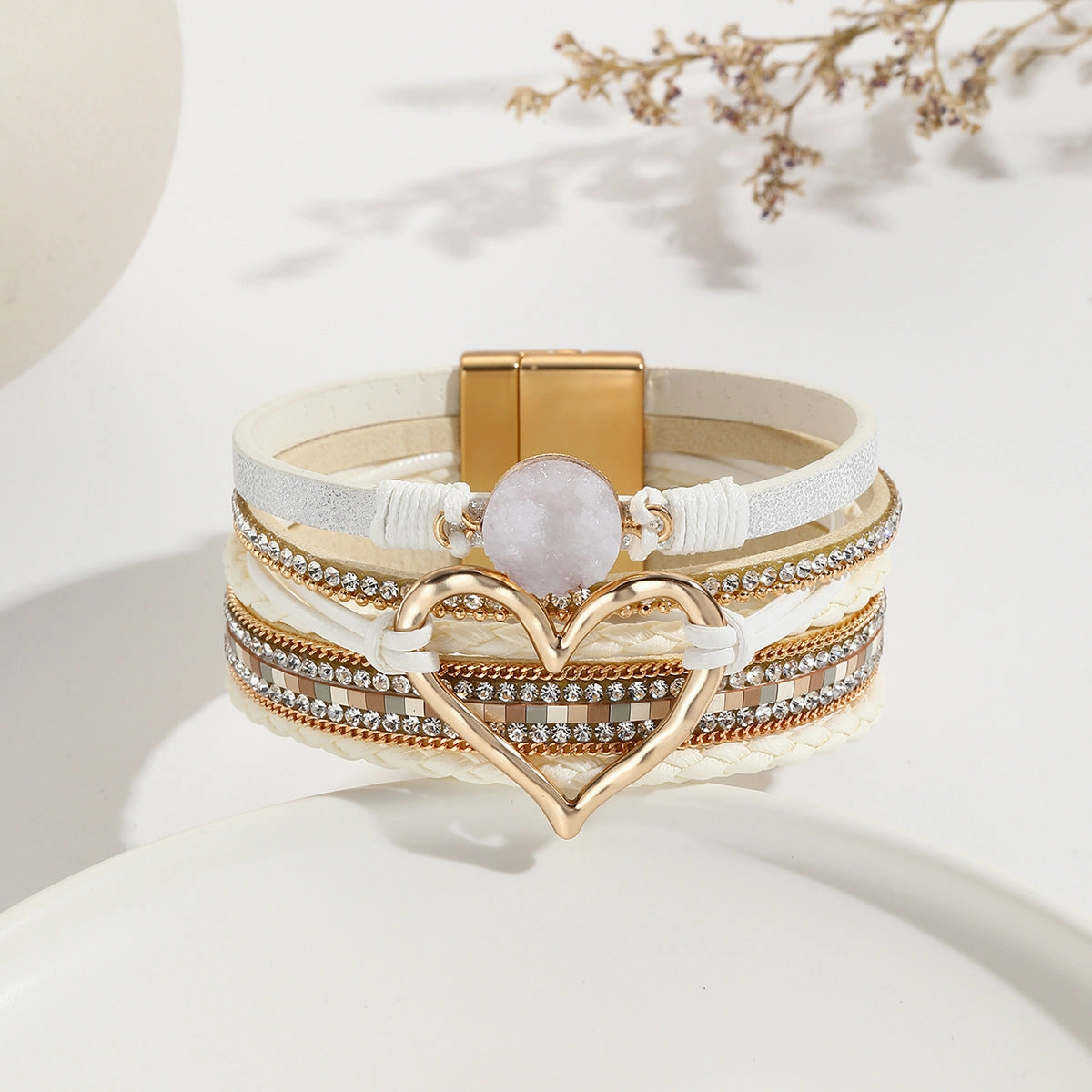 Wholesale Leather Cord Multi-Layered Raw Stone Love Bracelet