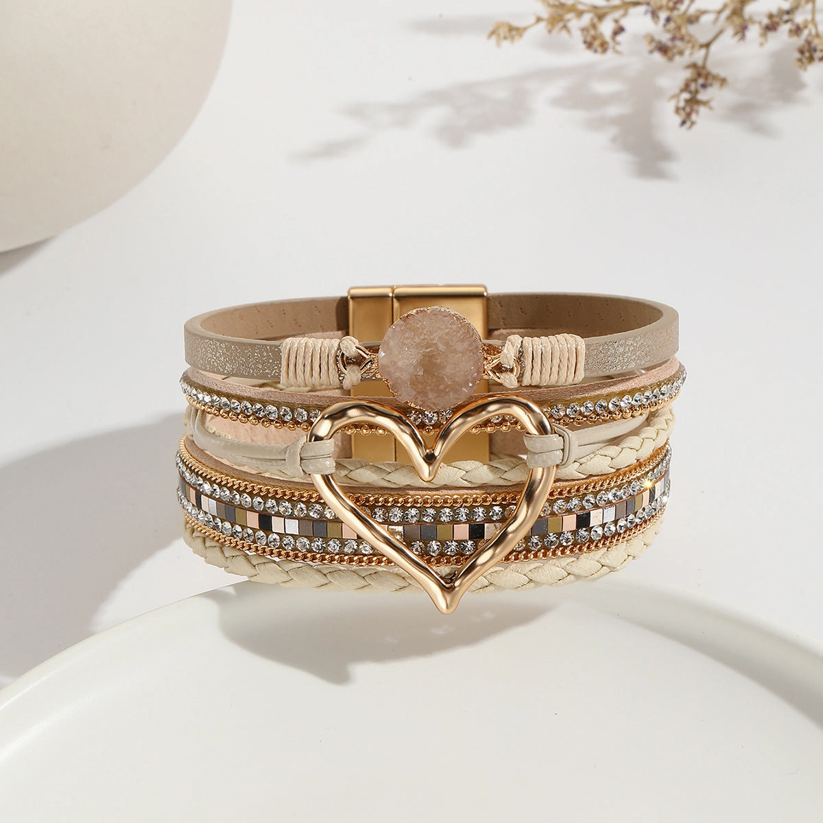 Wholesale Leather Cord Multi-Layered Raw Stone Love Bracelet