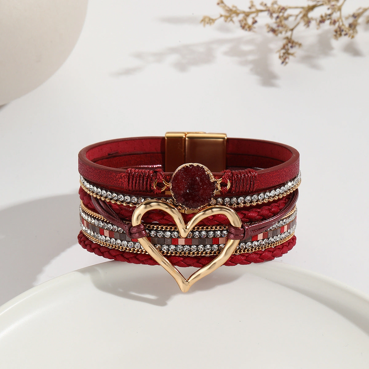 Wholesale Leather Cord Multi-Layered Raw Stone Love Bracelet