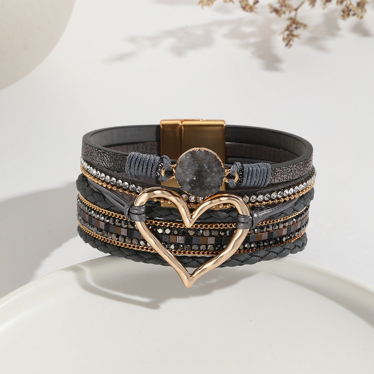 Wholesale Leather Cord Multi-Layered Raw Stone Love Bracelet