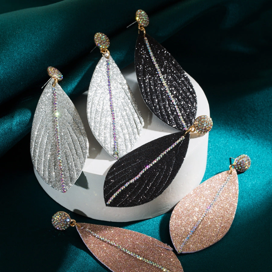 Wholesale Leather earrings with diamond leaf-shaped exaggerated earrings