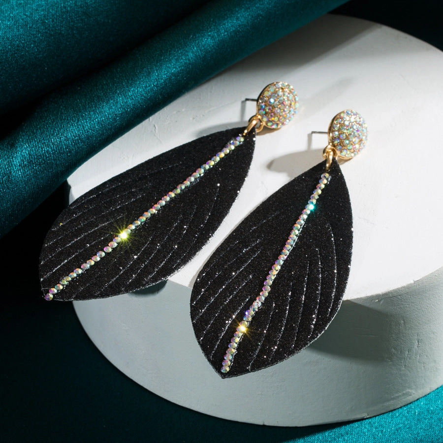 Wholesale Leather earrings with diamond leaf-shaped exaggerated earrings
