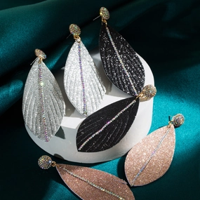 Wholesale Leather earrings with diamond leaf-shaped exaggerated earrings