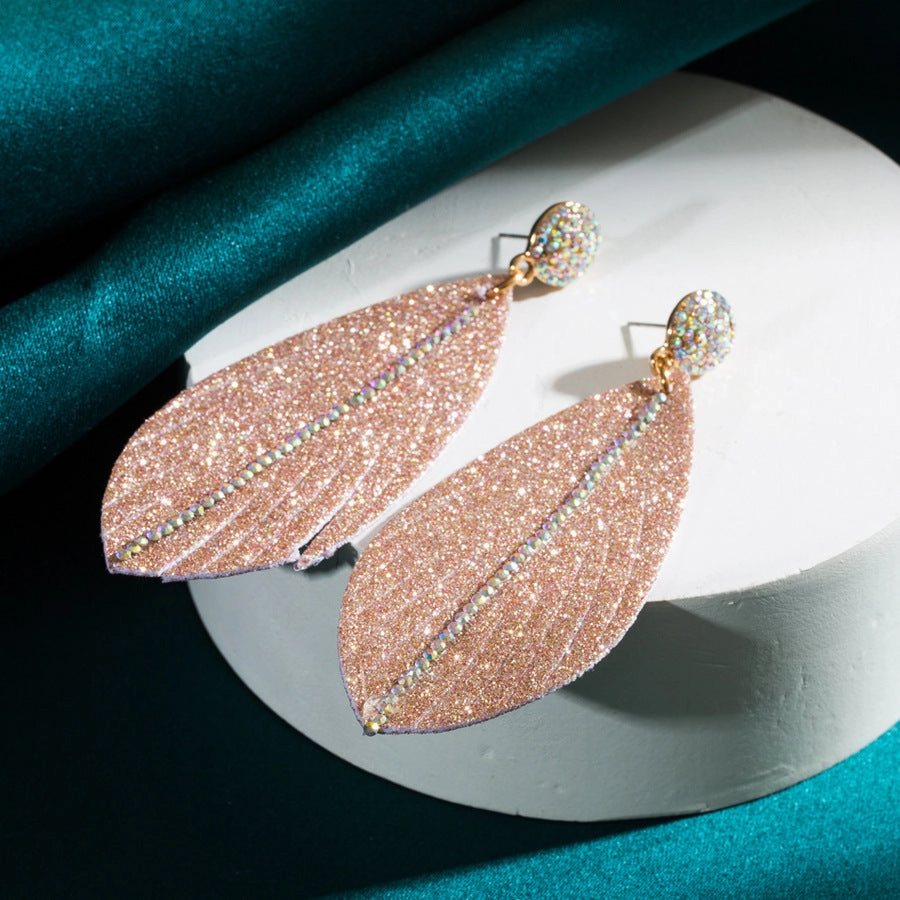 Wholesale Leather earrings with diamond leaf-shaped exaggerated earrings