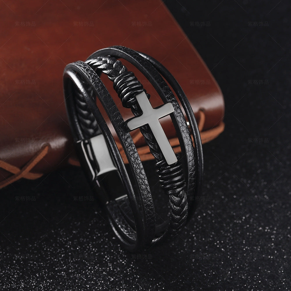 Wholesale Leather Magnetic Cross Stainless Steel Bracelet