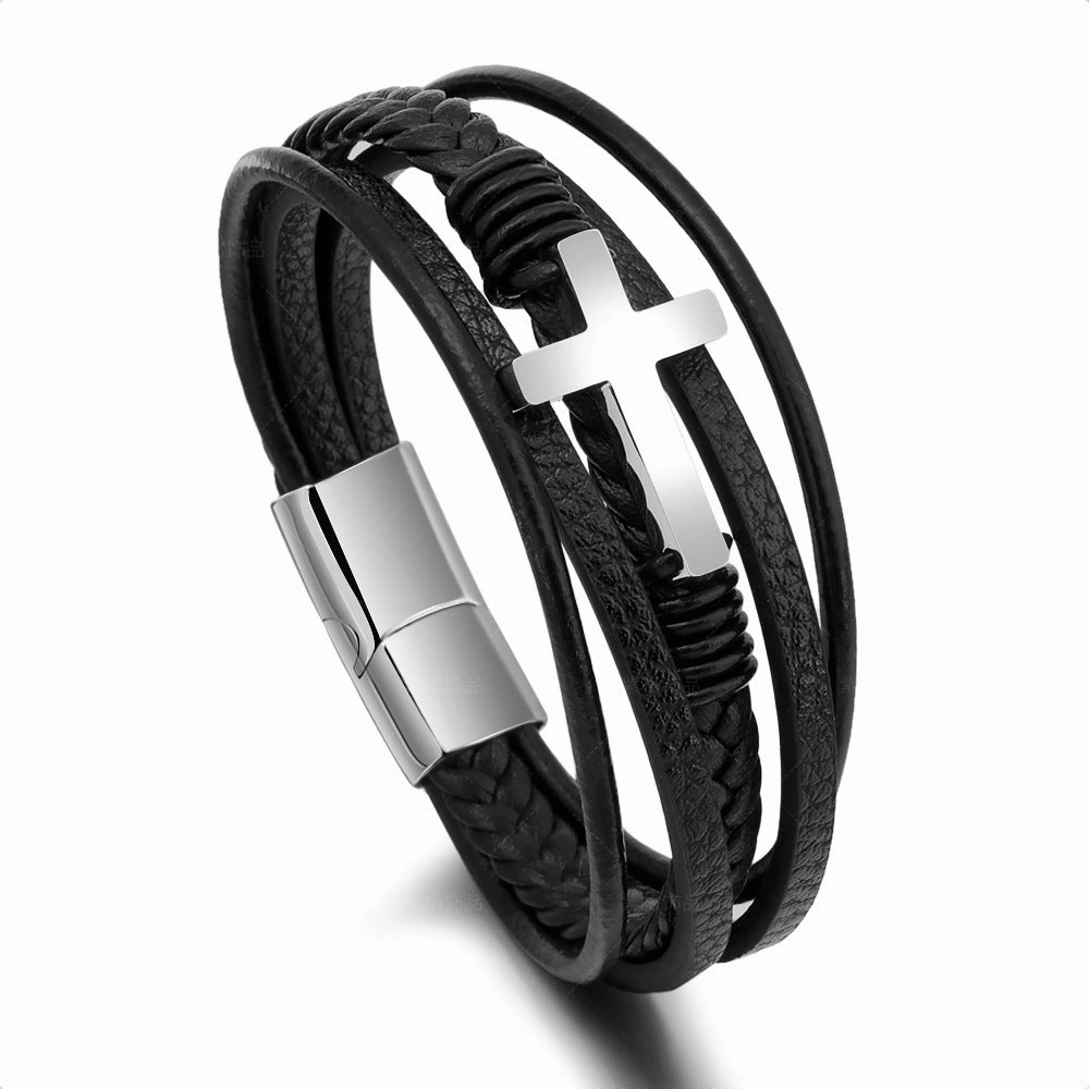 Wholesale Leather Magnetic Cross Stainless Steel Bracelet