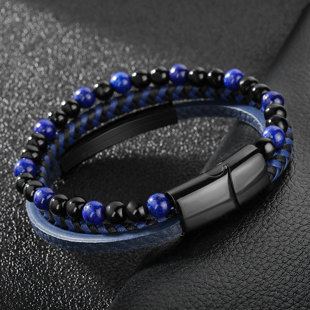 Wholesale Leather Rope Natural Stone Stainless Steel Men Bracelet