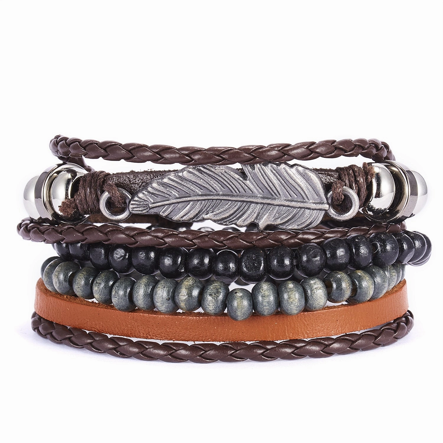 Wholesale Leaves Wooden Beads Weaving Leather Adjustable Set Bracelet