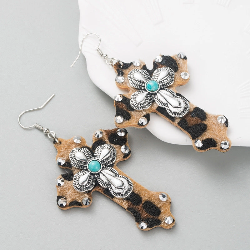 Wholesale Leopard leather cross alloy inlaid turquoise exaggerated earrings