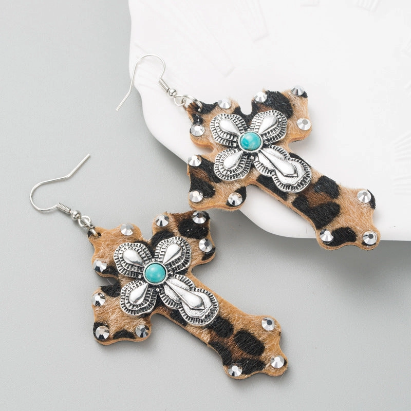 Wholesale Leopard leather cross alloy inlaid turquoise exaggerated earrings