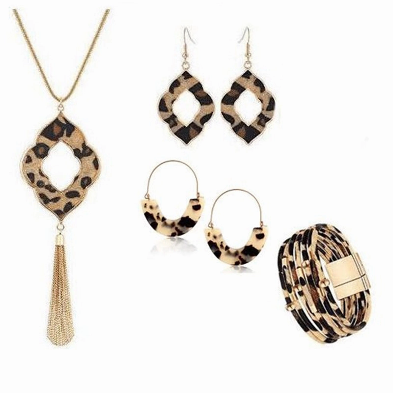 Wholesale Leopard Pattern Tassel Necklace Earrings Bracelet Set