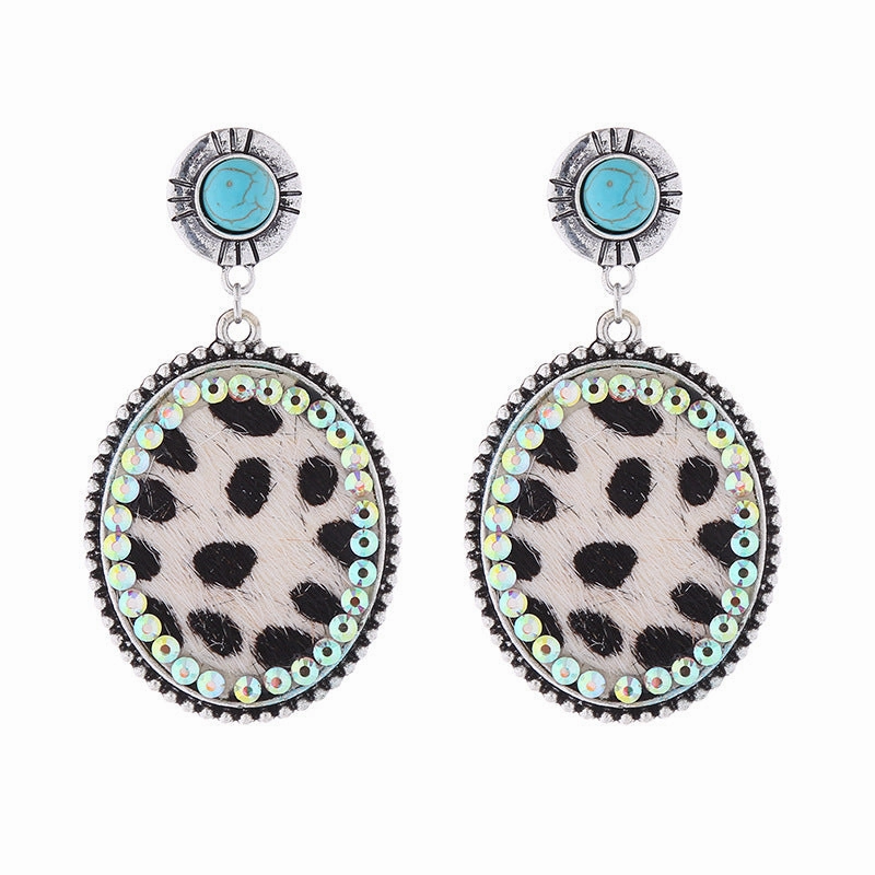 Wholesale Leopard Print Leather Alloy Diamond Turquoise Vintage Earrings